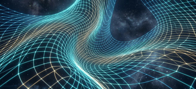 Glowing curved grid lines representing warped spacetime against a starry cosmic background